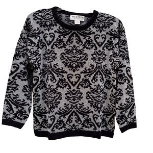 Vintage 80s Metallic Silver Damask Sweater Victorian Holiday Christmas NYE Party